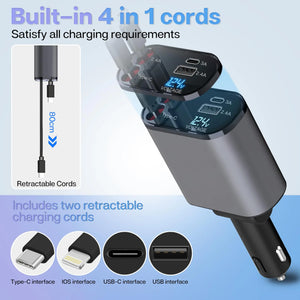 Chargeur de Voiture 4-en-1 – avec Câble Rétractable et charge rapide.
