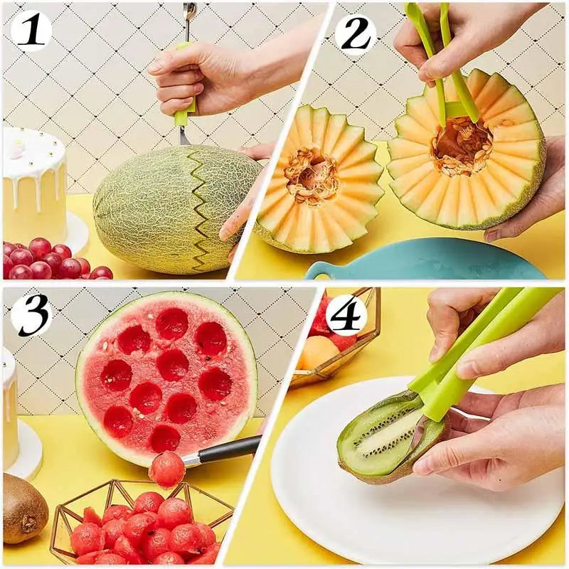Outil de Cuisine 4 en 1 pour Couper, Sculpter, et Servir les Fruits.