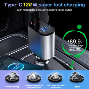 Chargeur de Voiture 4-en-1 – avec Câble Rétractable et charge rapide.