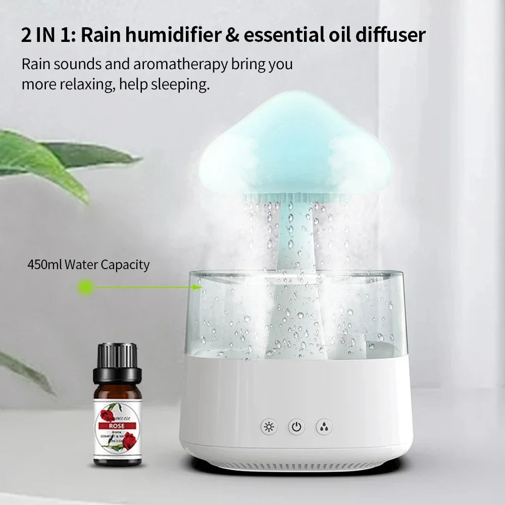 Mushroom Rain Air Humidifier Electric Aroma Diffuser Rain Cloud Smell Distributor Relax Water Drops Sounds Colorful Night Lights.