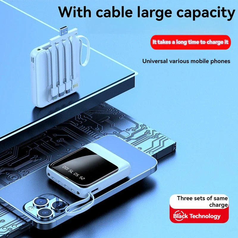 Mini Power Bank Universel -  10.000mAh avec 4 Câbles Charge.