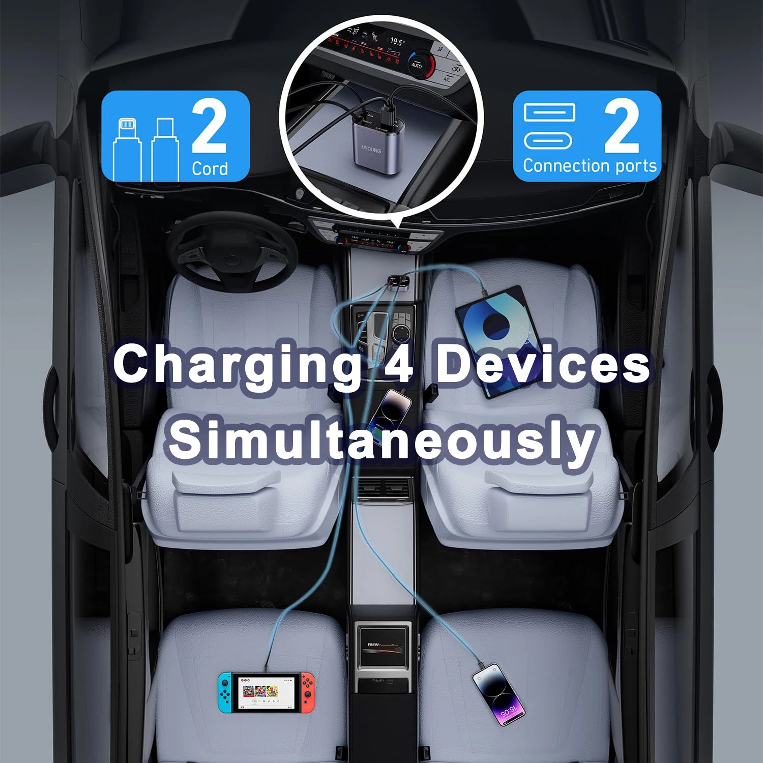 Chargeur de Voiture 4-en-1 – avec Câble Rétractable et charge rapide.