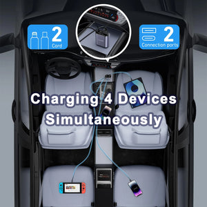 Chargeur de Voiture 4-en-1 – avec Câble Rétractable et charge rapide.