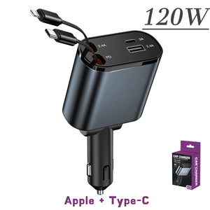 Chargeur de Voiture 4-en-1 – avec Câble Rétractable et charge rapide.