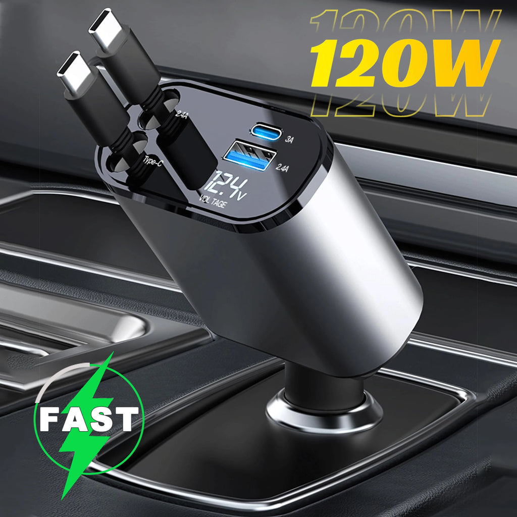 Chargeur de Voiture 4-en-1 – avec Câble Rétractable et charge rapide.