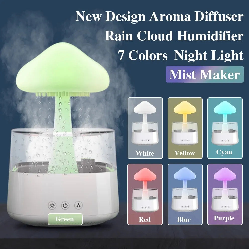 Mushroom Rain Air Humidifier Electric Aroma Diffuser Rain Cloud Smell Distributor Relax Water Drops Sounds Colorful Night Lights.