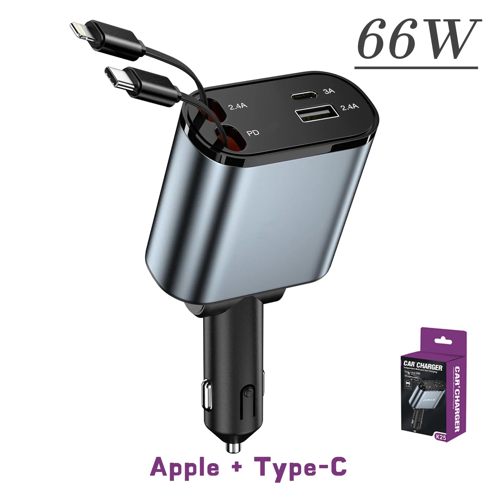 Chargeur de Voiture 4-en-1 – avec Câble Rétractable et charge rapide.