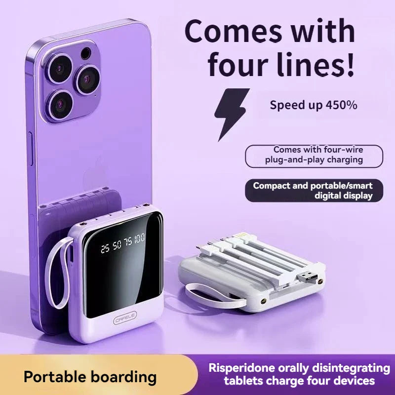 Mini Power Bank Universel -  10.000mAh avec 4 Câbles Charge.